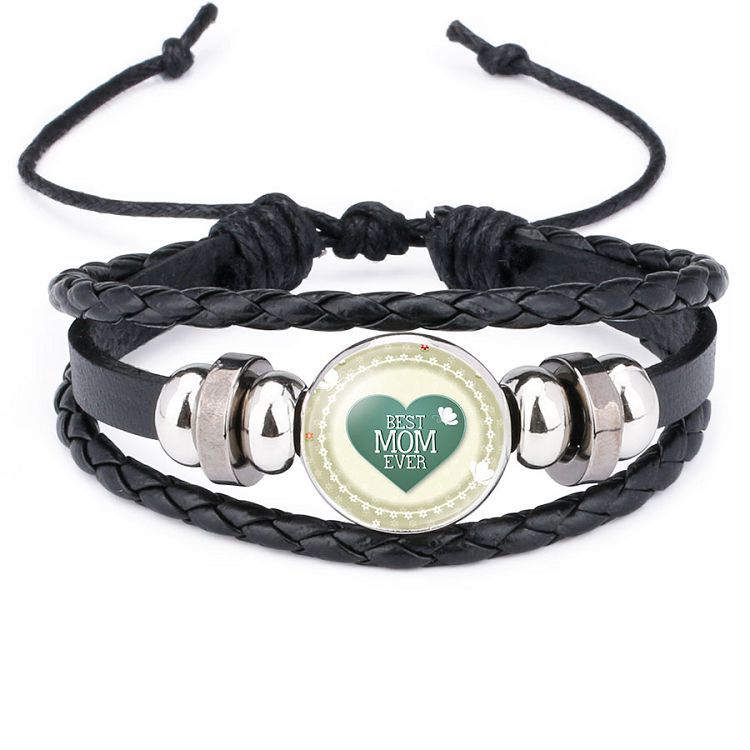 Wholesale Mom Heart Letter Crystal Cowhide Beads Bracelet